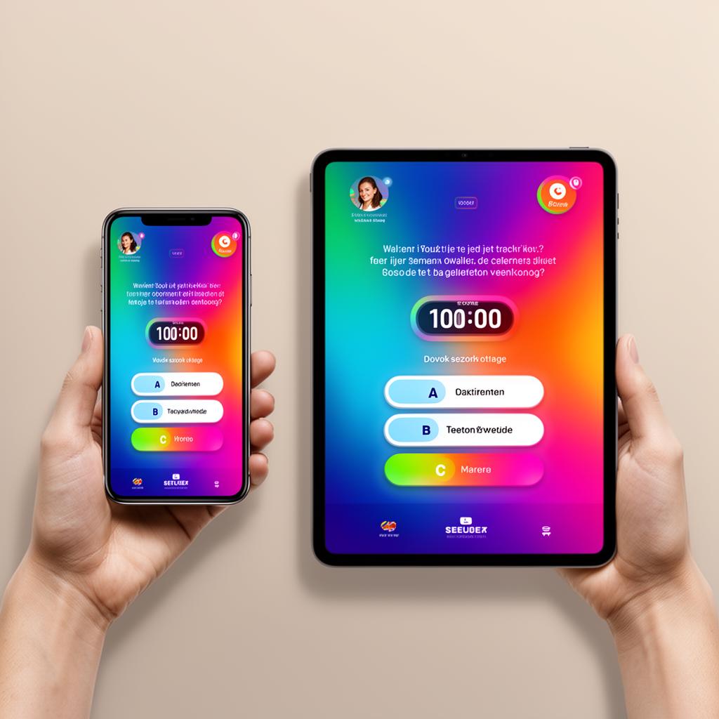 Een vraag op tv verschijnt binnen seconden op telefoon en tablet — inclusief countdown, antwoorden en realtime score.