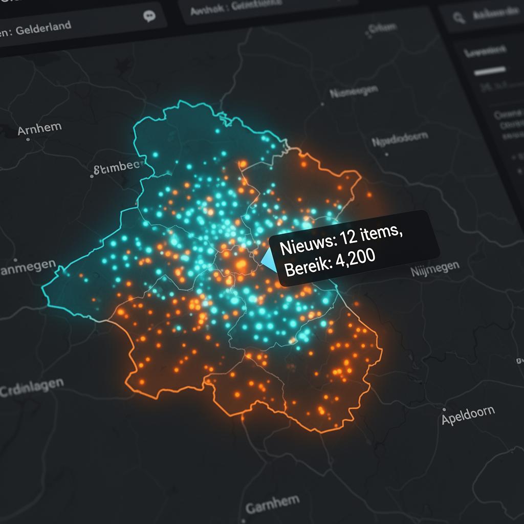 Heatmap van nieuwsactiviteit en bereik per gebied — direct zichtbaar waar de aandacht zit.