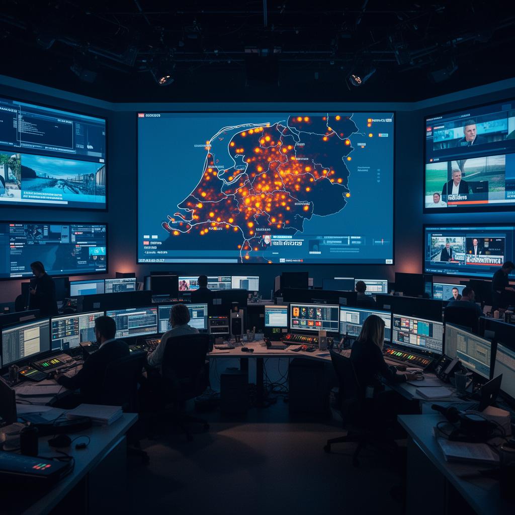 De kaart als centraal beeld in de redactie- en studio-omgeving.